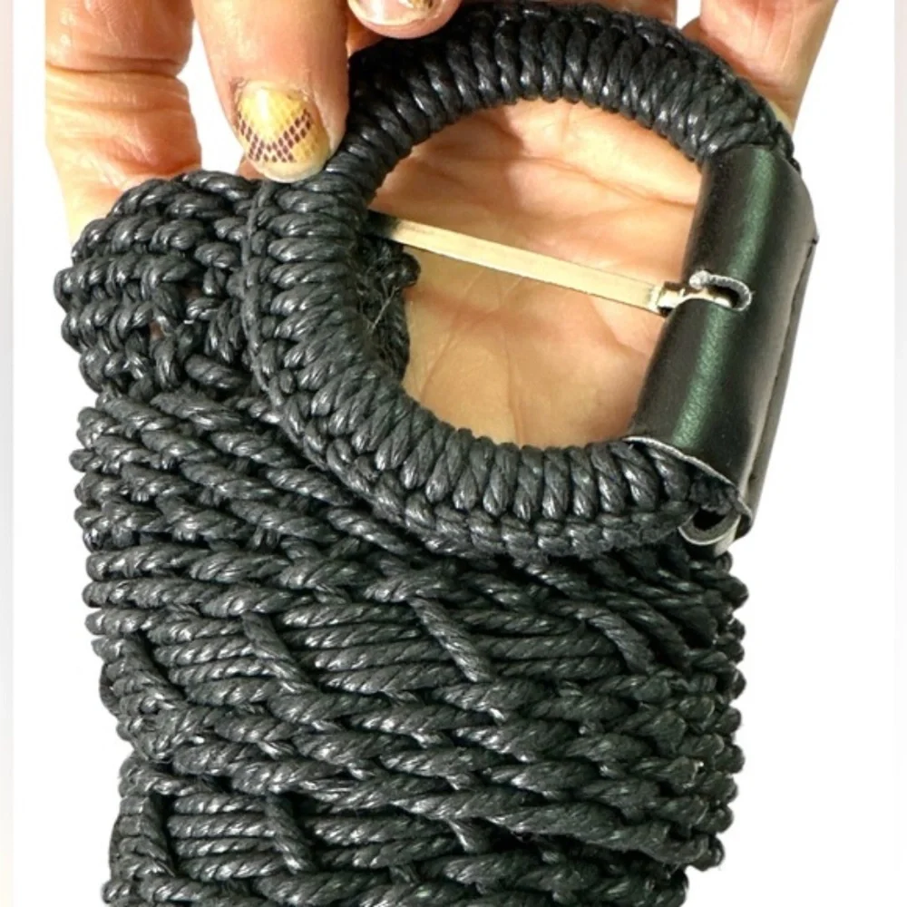 BLACK CROCHET WOVEN LEATHER JUTE BELT WIDE M/L
